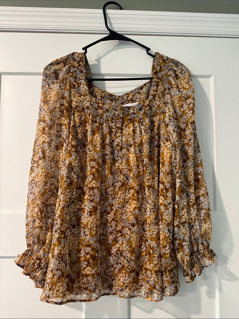 Mustard Floral Peasant Blouse - Lightweight Women's Top